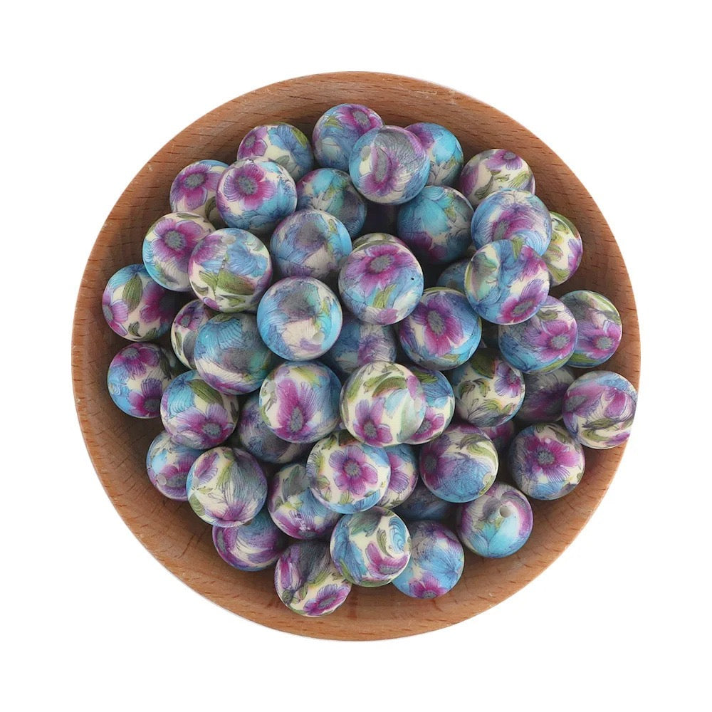 Watercolor Blue Purple Flower Printed Silicone Beads,15mm