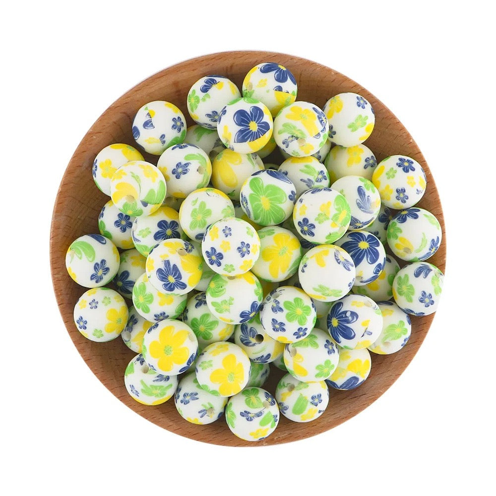 White Base Yellow Green Blue Small Flower Printed Silicone Beads