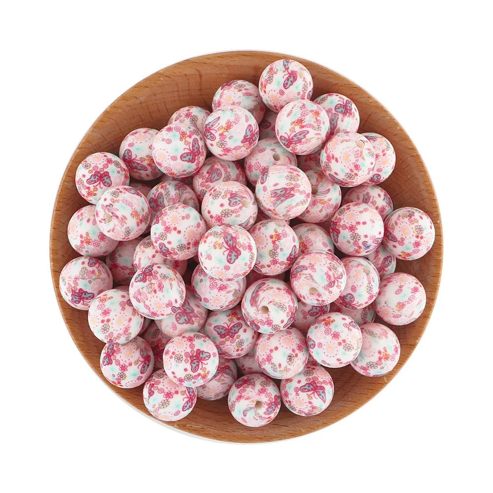 White Pink Butterfly & Tiny Flower Printed Silicone Beads,15mm