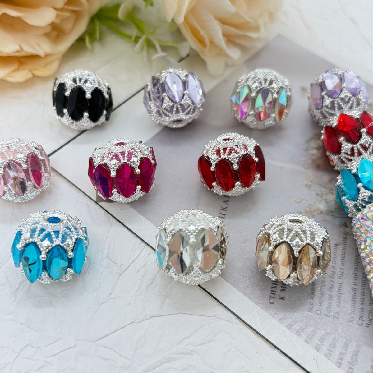 Fancy Acrylic Beads Crown Openwork with Marquise Rhinestones, Multi-Color