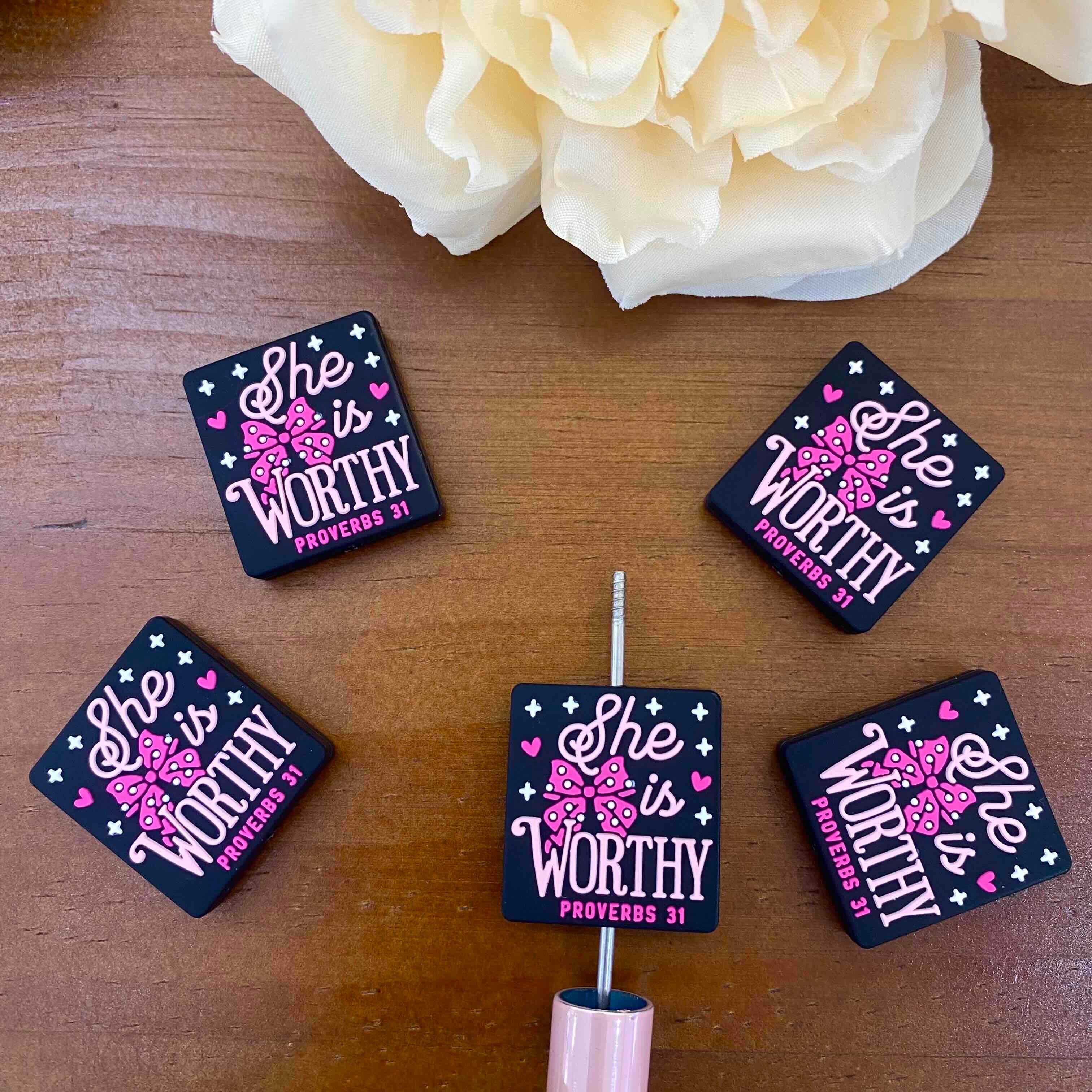 FS20138-She Is Worthy Bible Quote Flat Silicone Focal Beads