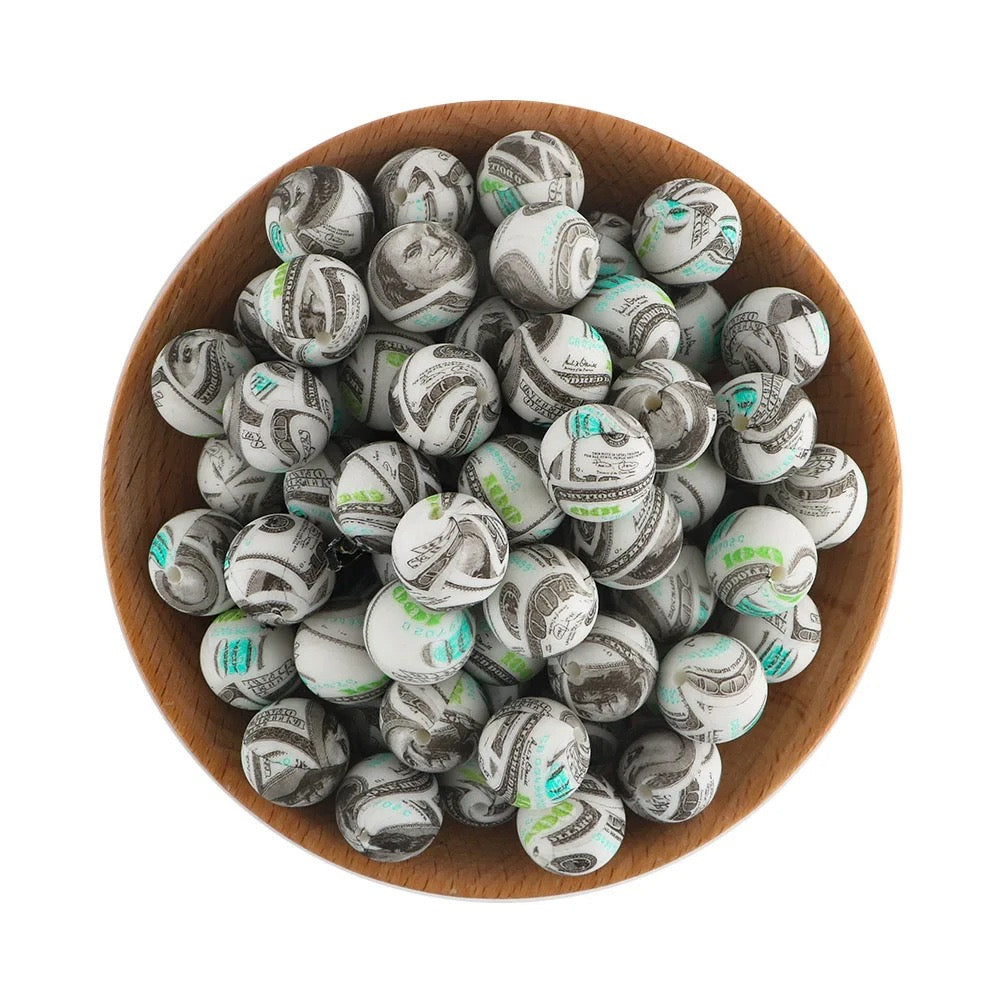 Dollar Bill Money Printed Silicone Beads,15mm