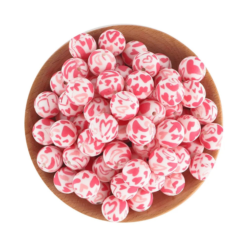 Silicone Focal Beads with Pink Series Hearts Prints Valentine's Day Style, 15MM