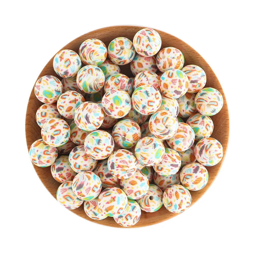 White Base Colorful  Graffiti Printed Silicone Beads,15mm