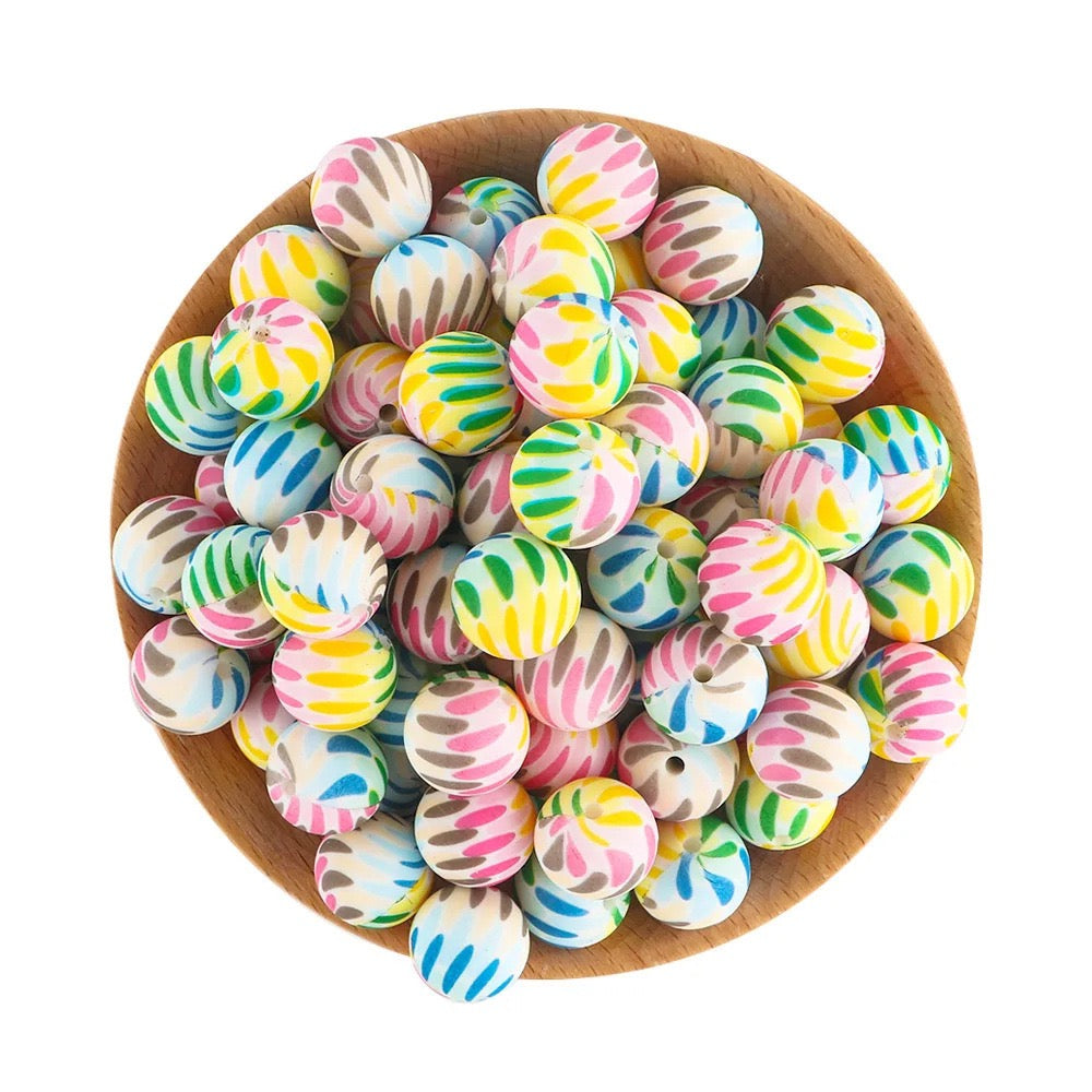 Macaron Multicolor Colorful Leaf Printed Silicone Beadsm,15mm