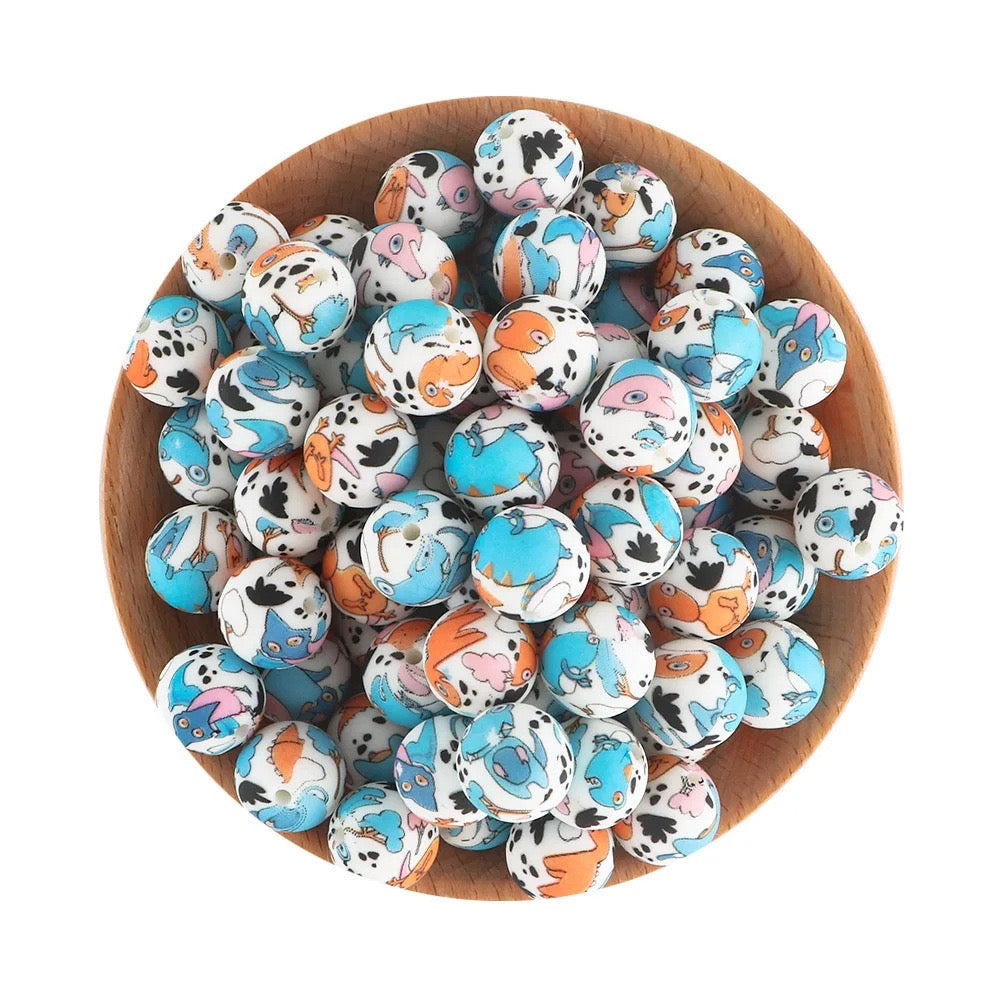 White Base Cute Cartoon Monster Printed Silicone Beads,15mm