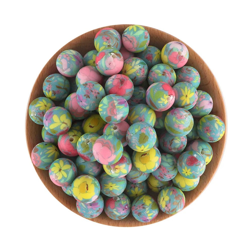 Blue Base Vintage Multicolor Flower Printed Silicone Beads,15mm