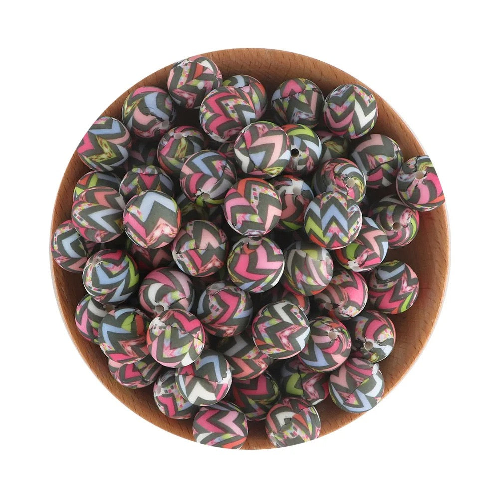 Dark Base Pink Green White Printed Silicone Beads,15MM
