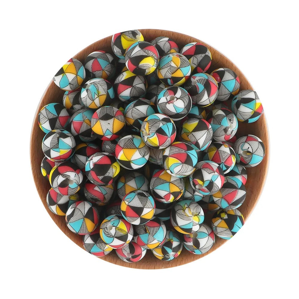 Color‑Block Triangle Geometric Printed Silicone Beads,15mm