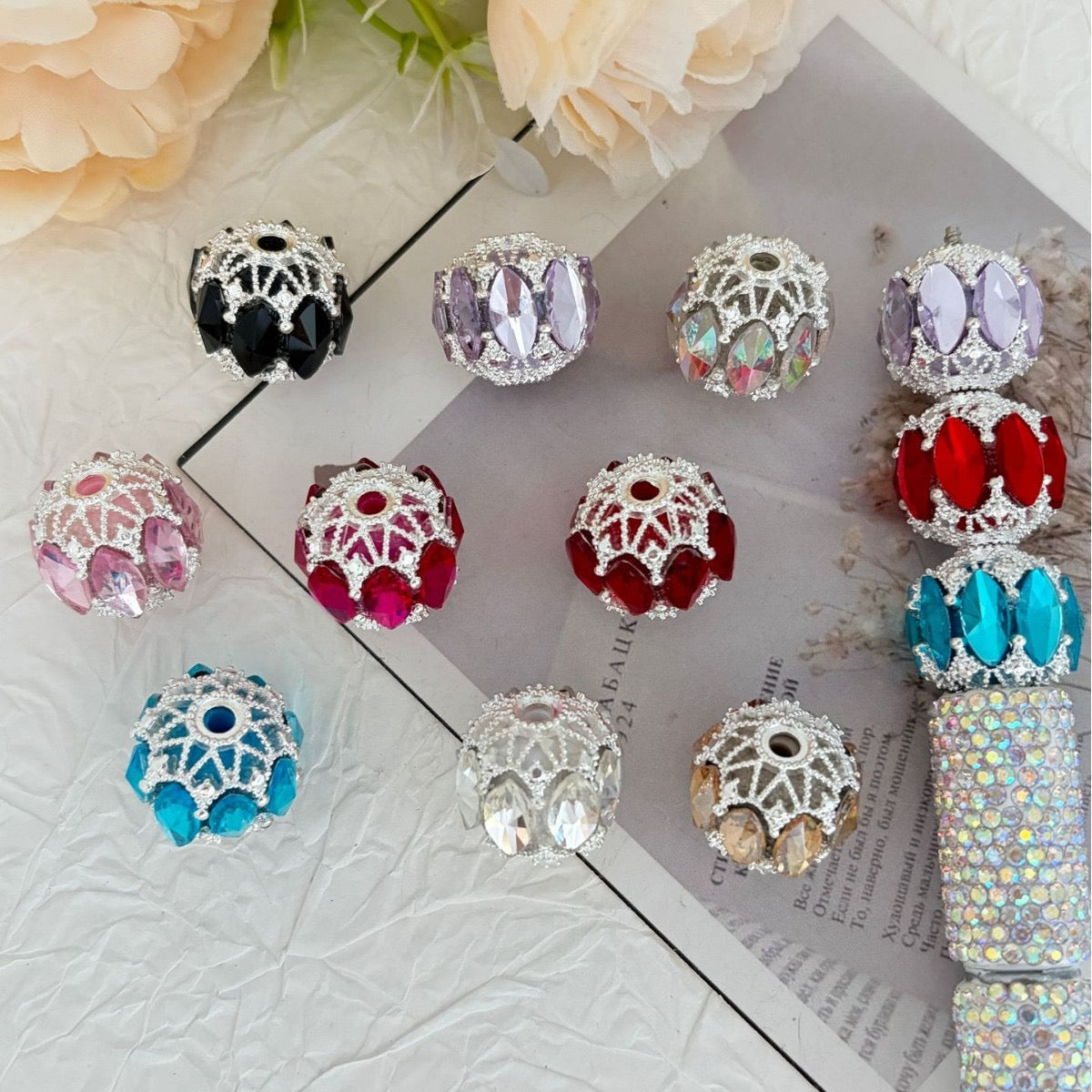 Fancy Acrylic Beads Crown Openwork with Marquise Rhinestones, Multi-Color