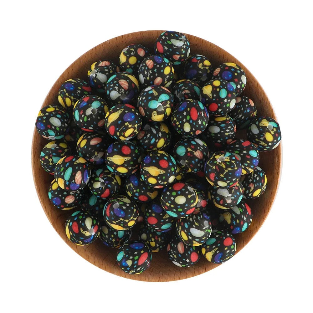 Black Base Outer Space Planet Star Printed Silicone Beads,15MM