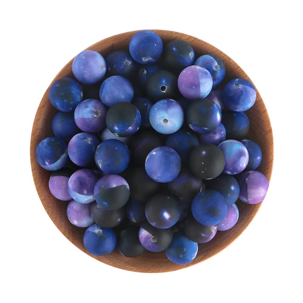 Purple‑Blue Dreamy Nebula Gradient Printed Silicone Beads,15mm