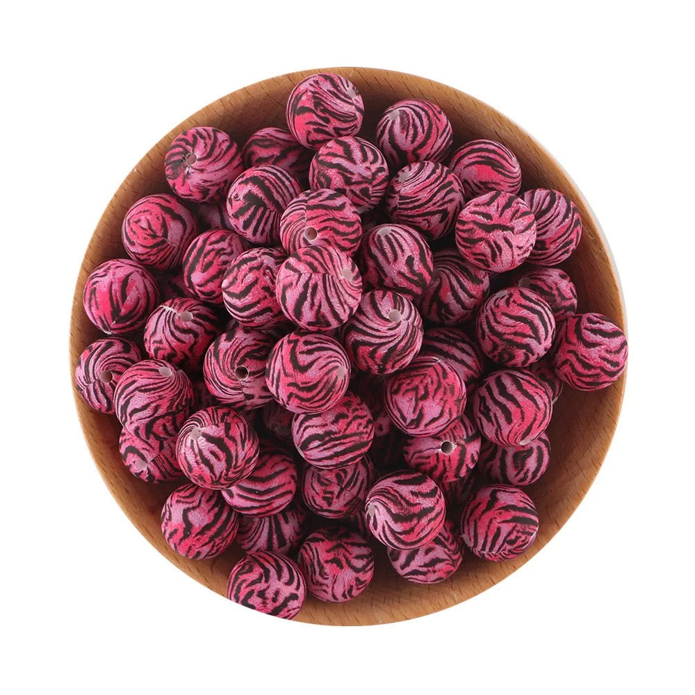 Pink‑Black Tiger Striped Printed Silicone Beads,15mm