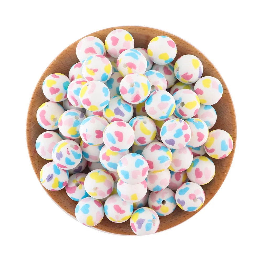 White Base Macaron Multicolor Heart Printed Silicone Beads,15mm
