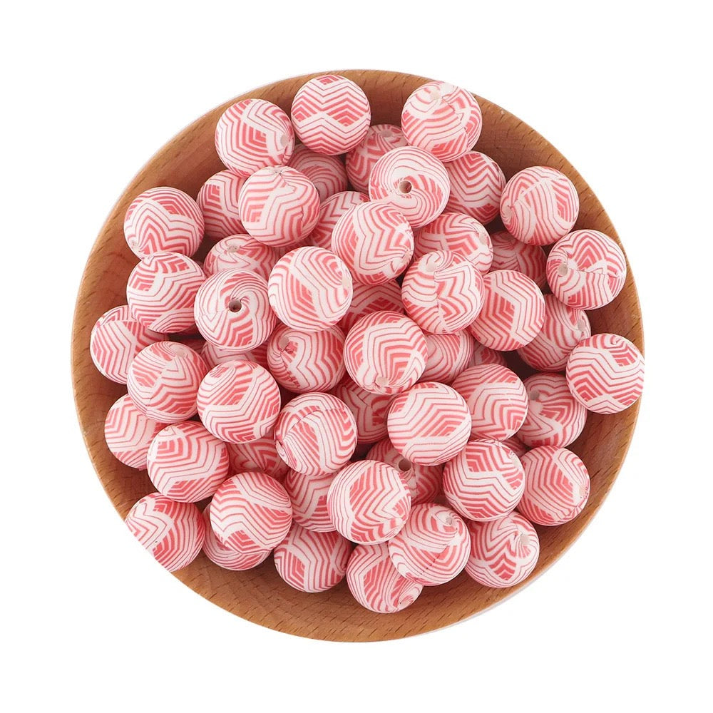 White‑Pink Chevron Zig‑Zag Printed Silicone Beads,15mm