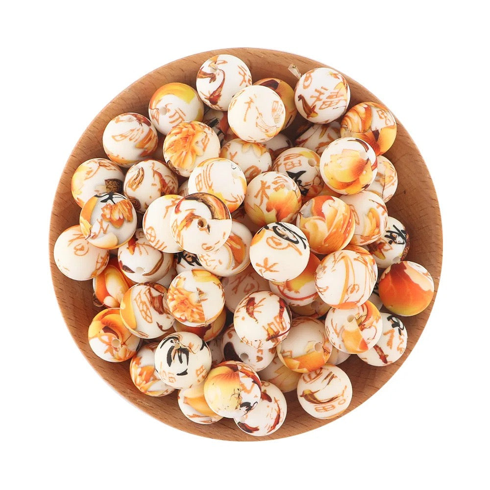 White Base Chinese‑Style Flower & Character Printed Silicone Beads,