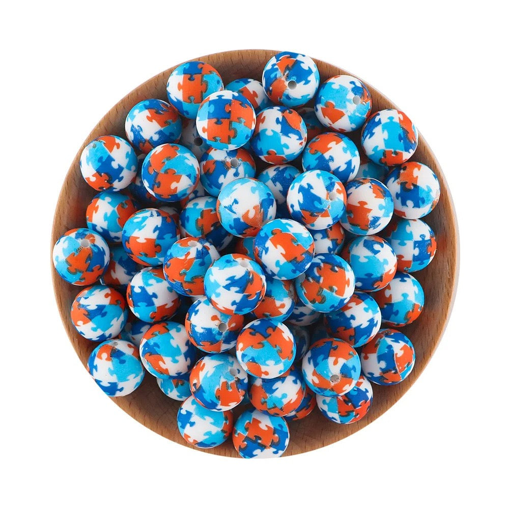 Blue‑Orange‑White Puzzle Camo Printed Silicone Beads,15mm