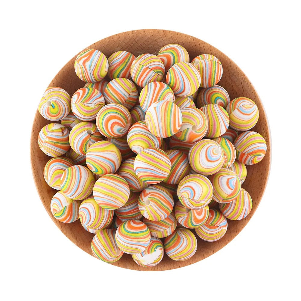 Rainbow Candy Swirl Striped Printed Silicone Beads,15MM