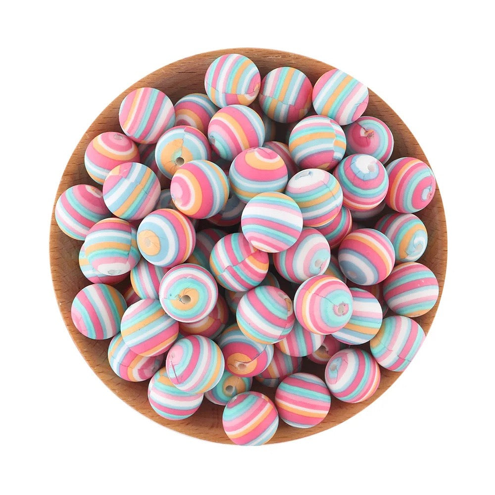 Macaron Pink‑Blue‑Orange Horizontal Striped Printed Silicone Beads,15mm