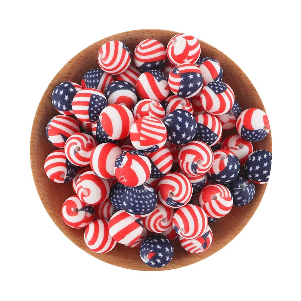 USA Flag Star‑Stripes Printed Silicone Beads,15MM