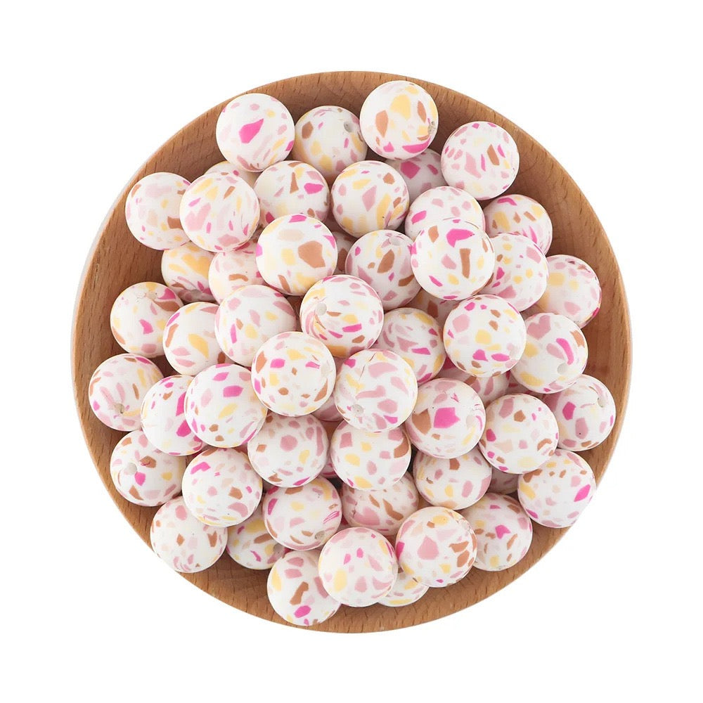 Pink‑Yellow‑Brown Fragments White Round Printed Silicone,15MM