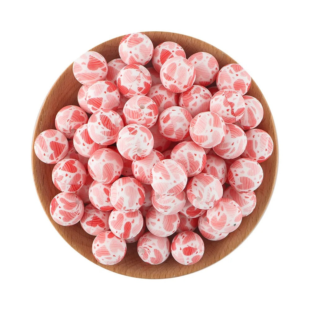 White Base Pink Hand‑Drawn Heart Printed Silicone Beads，15mm