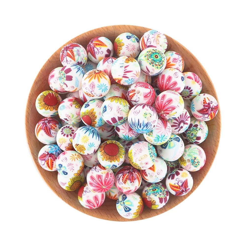 White Base Colorful Flower Printed Silicone Beads