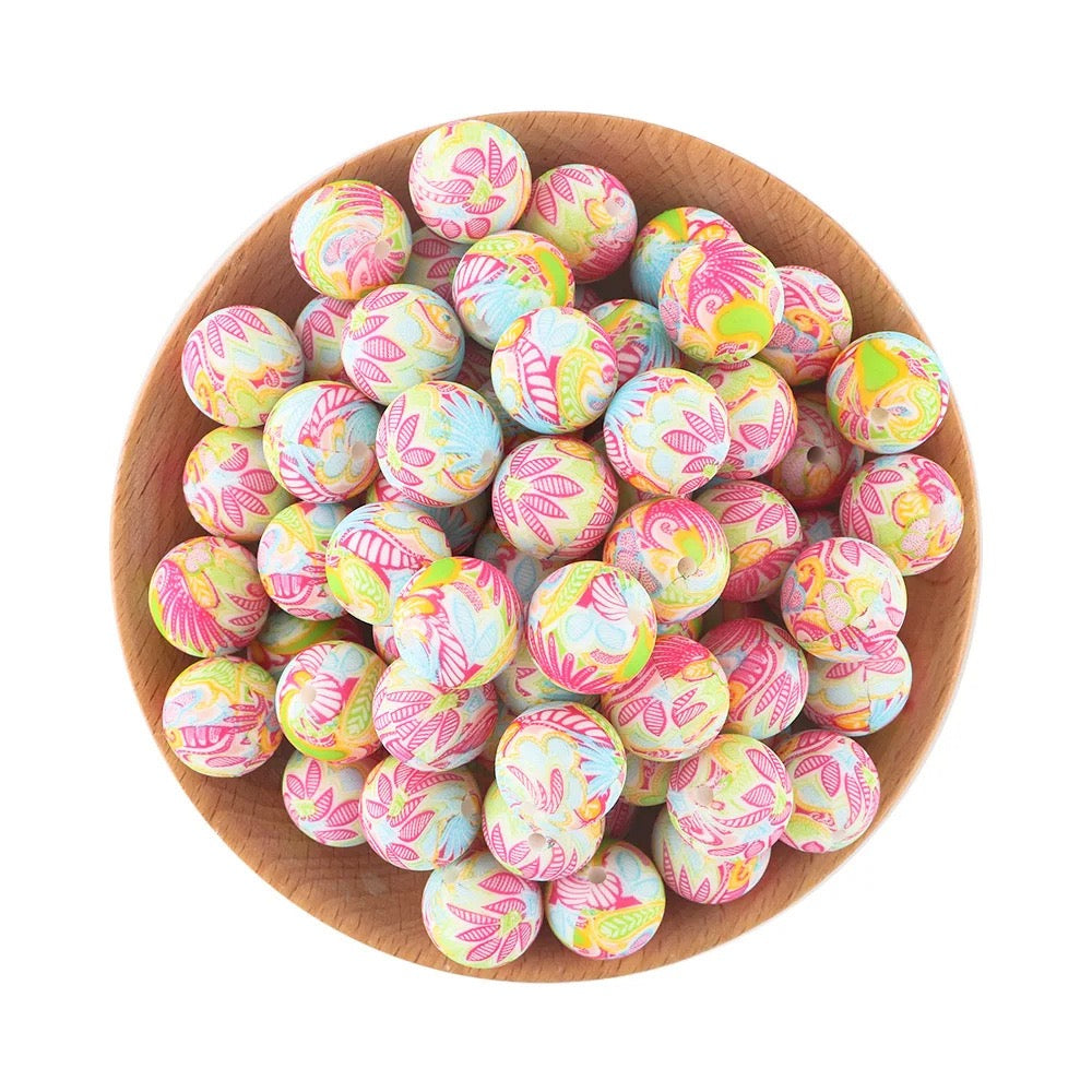 Pastel Macaron Color Leaf & Floral Printed Silicone Beads,15MM