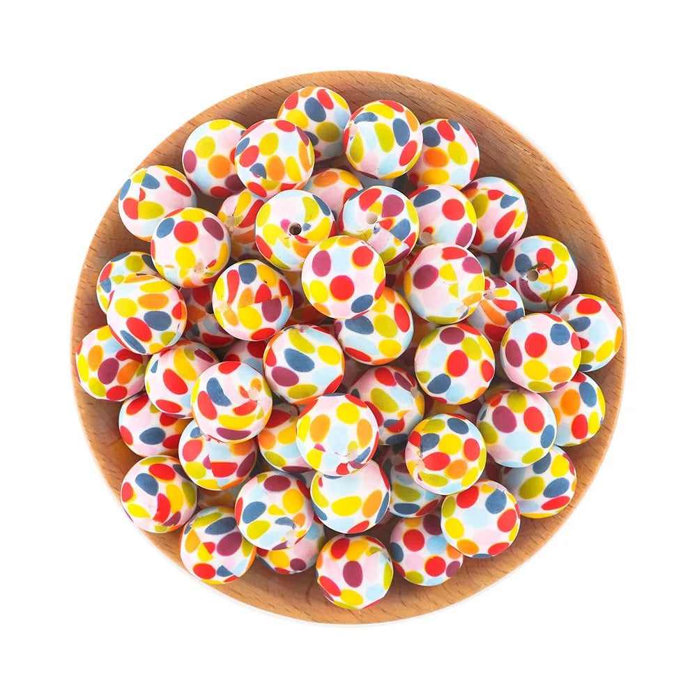 White Base Multicolor Polka Dot Printed Silicone Beads,15MM