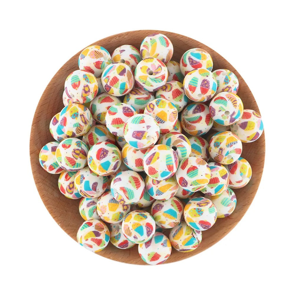 White Base Colorful Dessert Cake Printed Silicone Beads,15MM