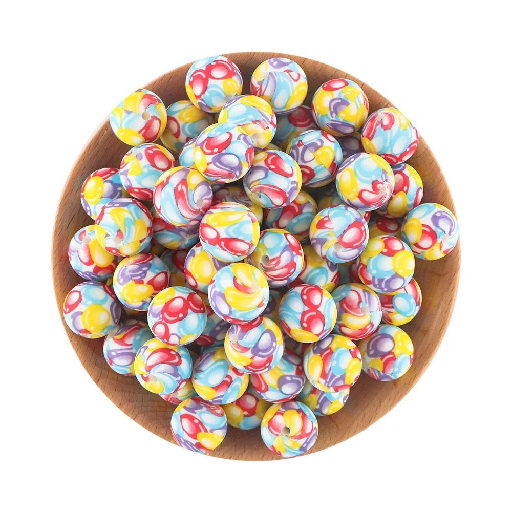 Colorful Candy Swirl Printed Silicone Beads,15MM