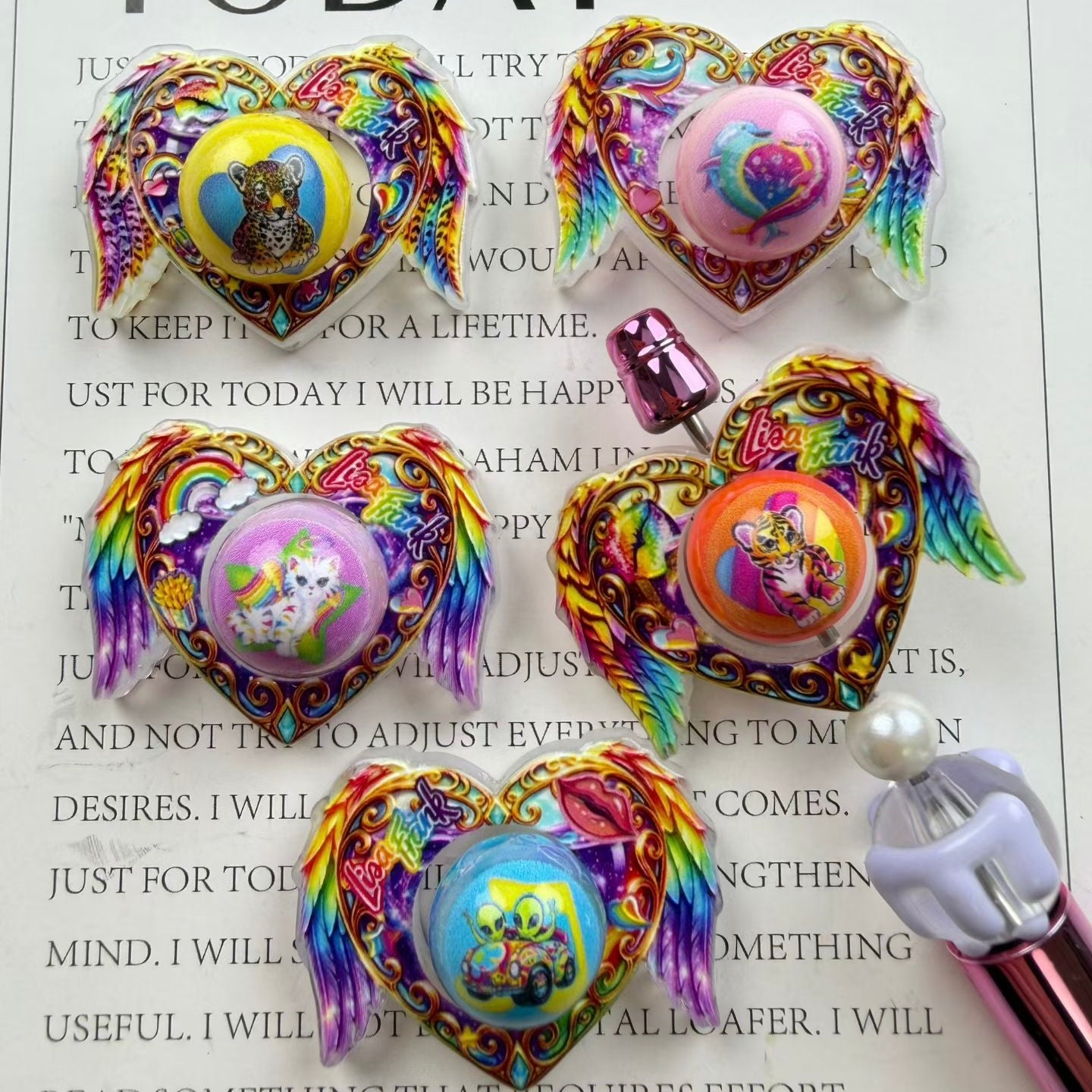 Rainbow Zoo Wing Heart Shape Spinning Acrylic Beads.Random Mix