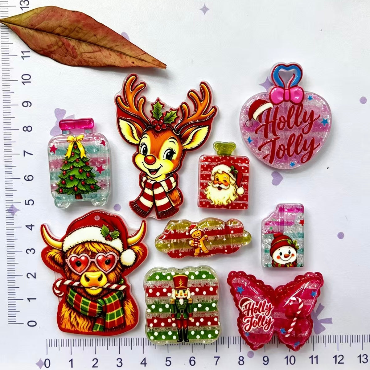 Christmas Series Acrylic Charms, Reindeer Santa Snowman Highland Cow Prints, Random Mix