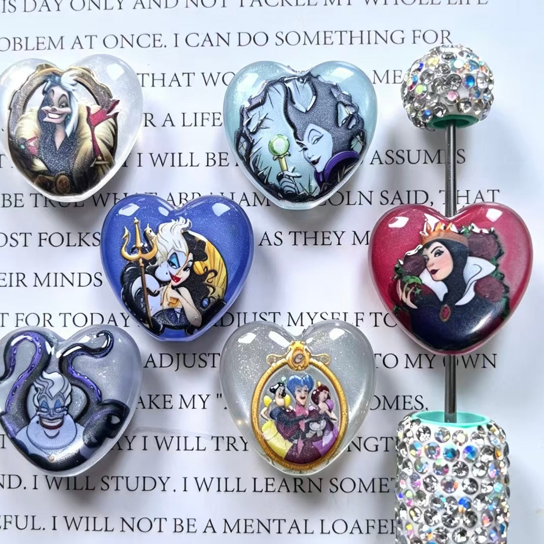 Acrylic Focal Beads Heart Shaped Dark Cartoon Character Graphic Prints, Random Mix For Beadable Pens