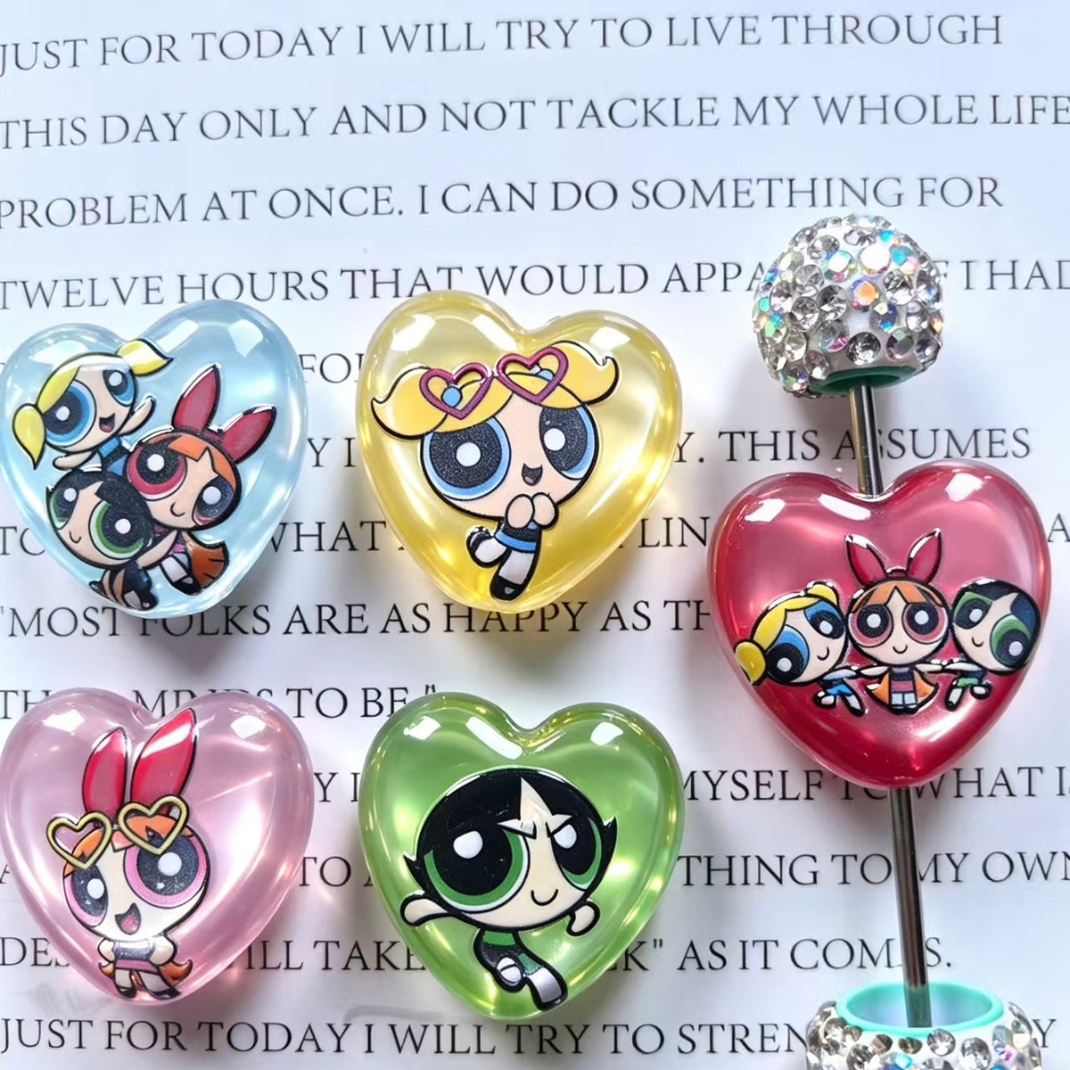 Acrylic Focal Beads Heart Shaped Cute Cartoon Little Girl Graphic Prints, Random Mix