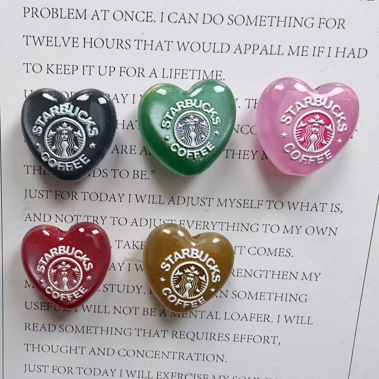 Solid Glitter Heart‑Shaped Acrylic Focal Beads with Coffee Theme,Multi-color,Random Mix