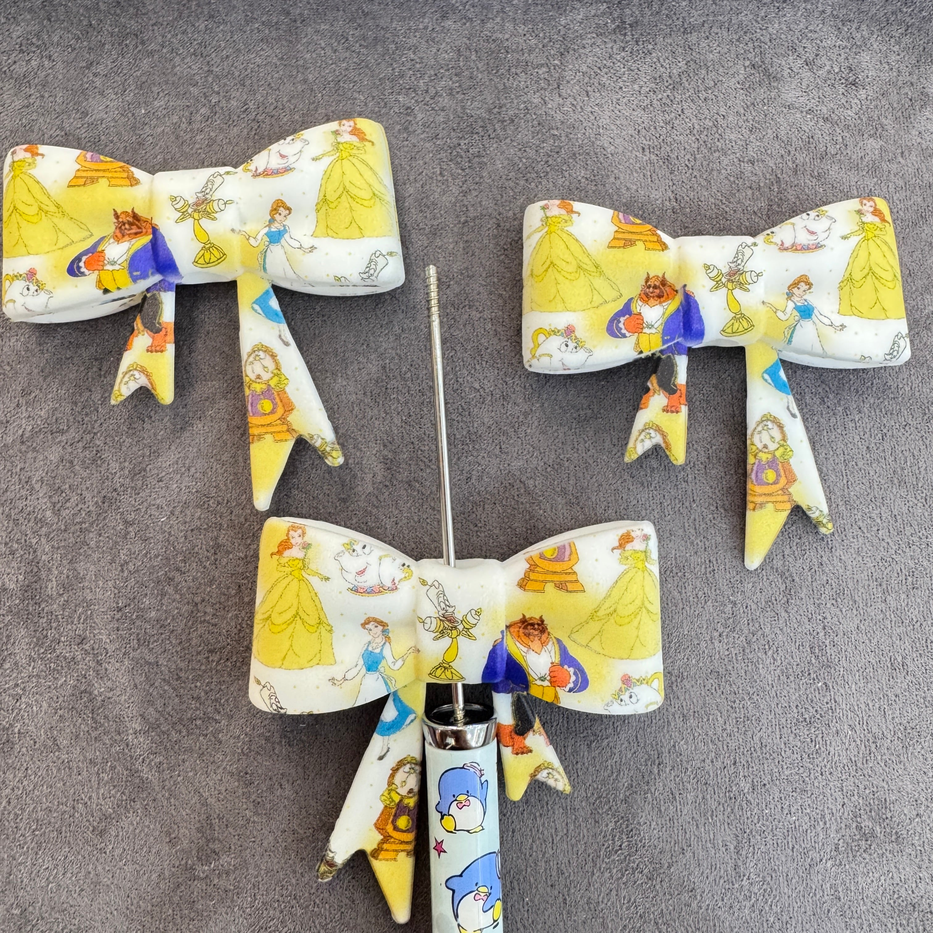Silicone Focal Beads 3D Bowtie Shape with Beauty and the Beast Characters Prints