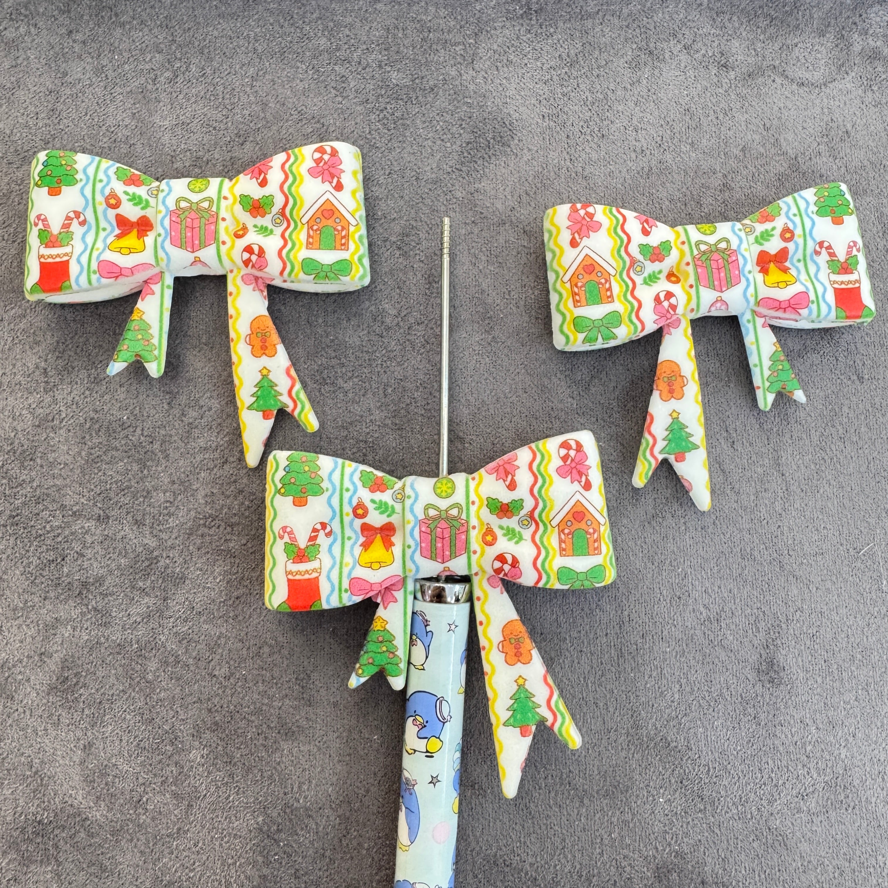 Silicone Focal Beads 3D Bowtie Shape with Colorful  Christmas Elements Prints