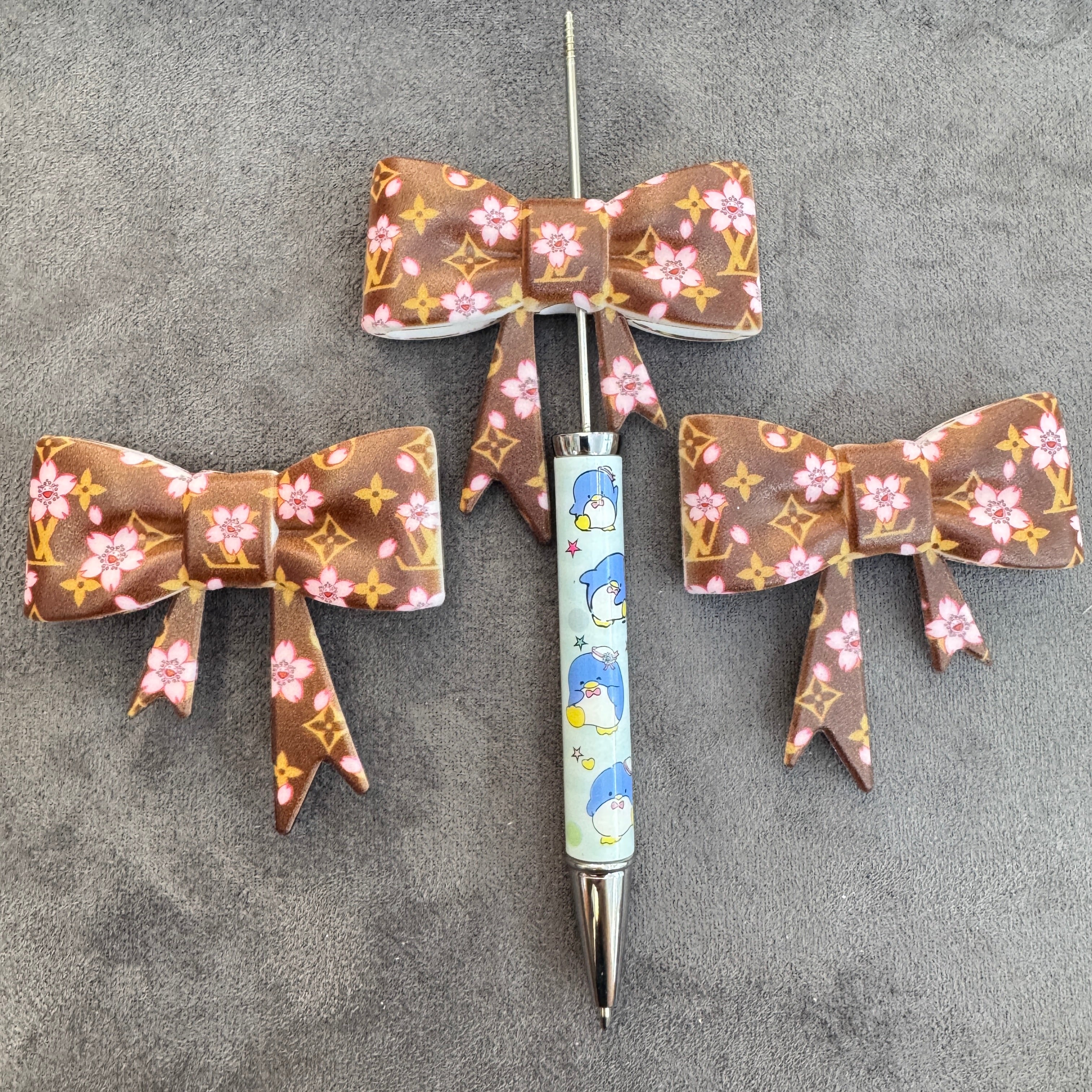 Silicone Focal Beads 3D Bowtie Shape with Pink Cherry Prints