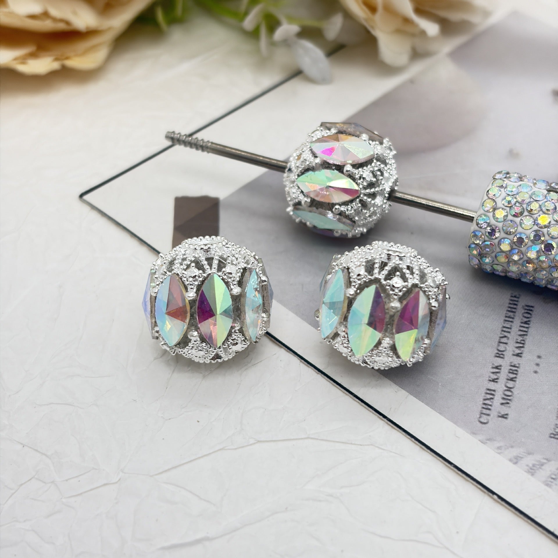 Fancy Acrylic Beads Crown Openwork with Marquise Rhinestones, Multi-Color