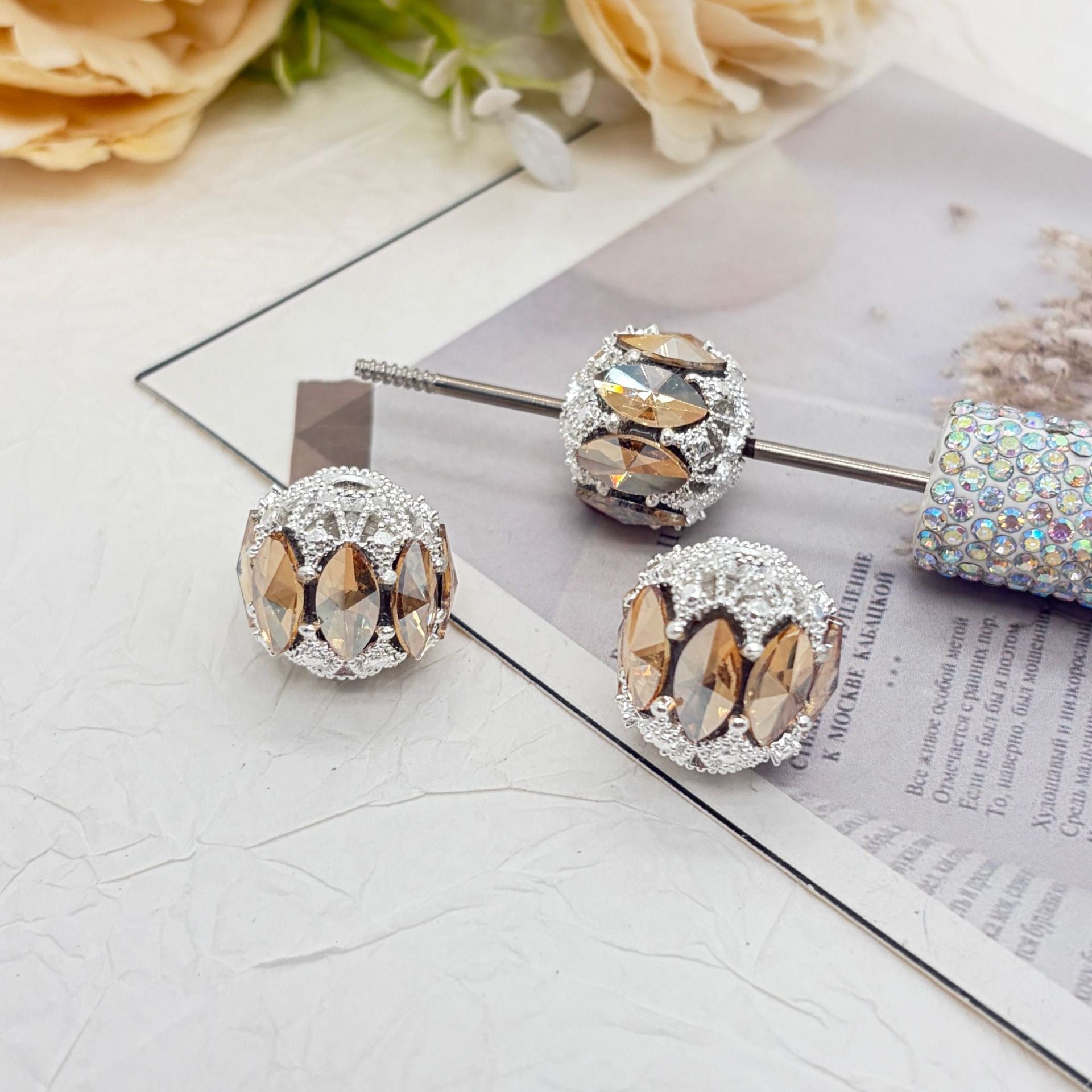 Fancy Acrylic Beads Crown Openwork with Marquise Rhinestones, Multi-Color