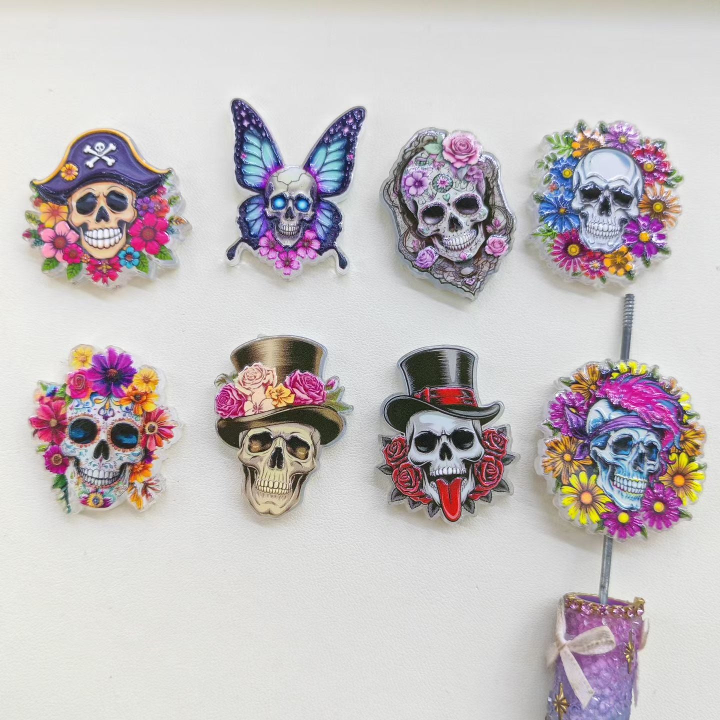 Day of the Dead Skull with Various Style Bright Flowers Acrylic Beads, Semi-Clear, Random Mix