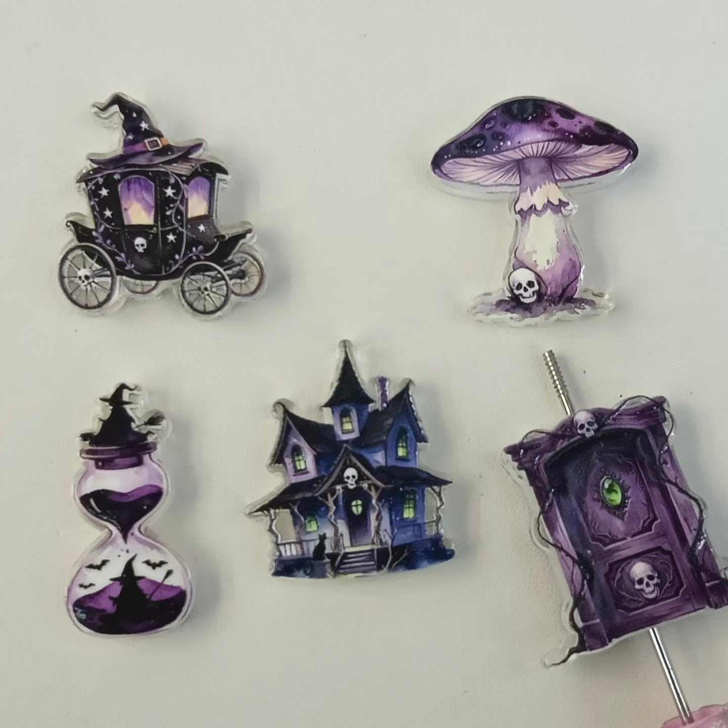 Purple Witch Halloween Magic Theme Acrylic Focal Bead with Carriage Mushroom Hourglass House Door, Random Mix
