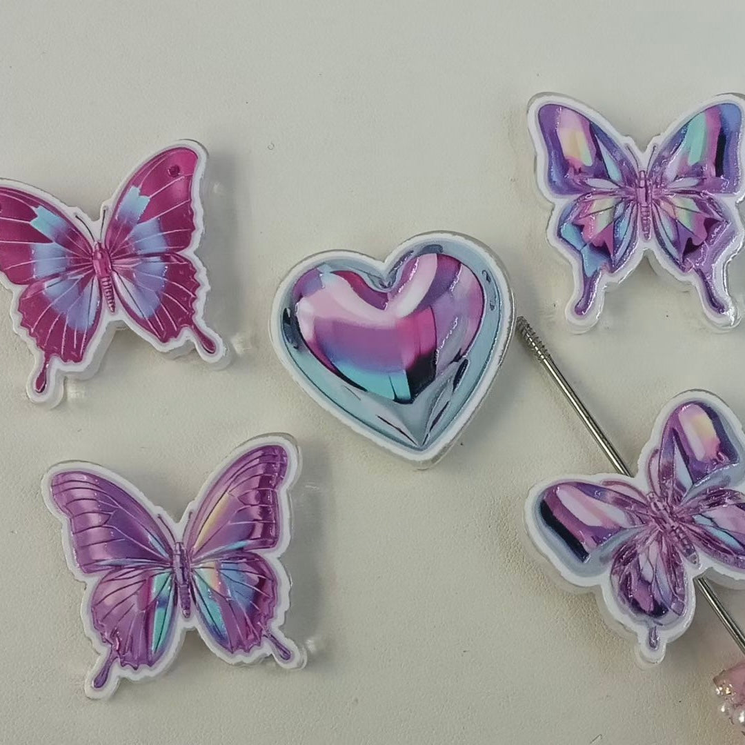 Laser Iridescent Pink Purple Butterfly and Heart, Semi-Clear, Random Mix