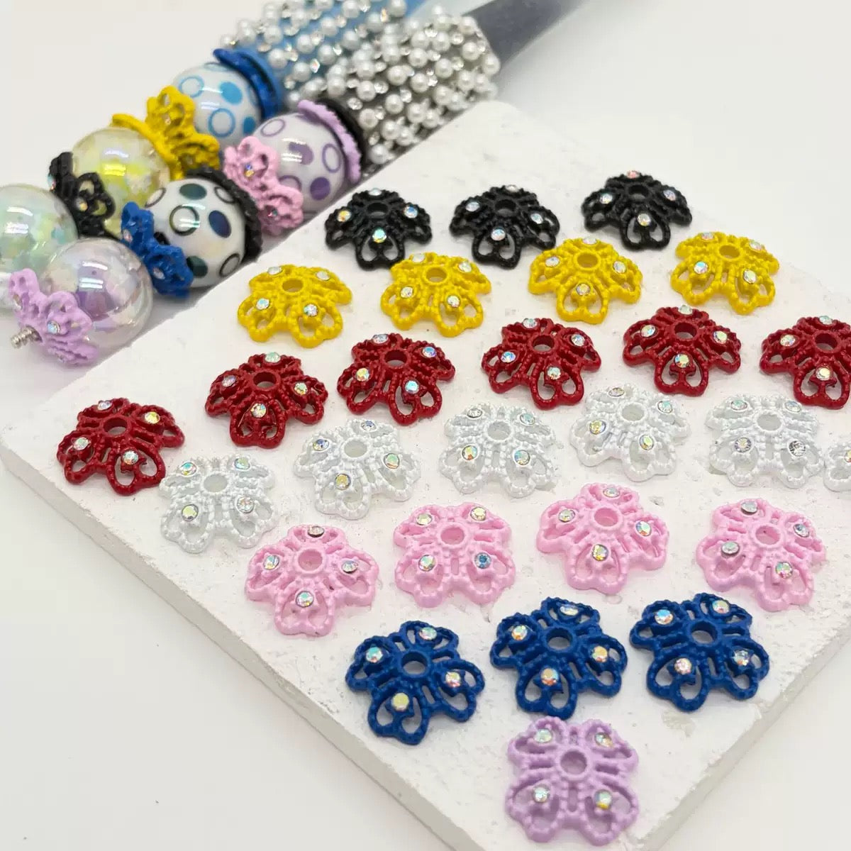 Alloy Bead Cages Heart Shaped Four Leaf Clover with AB Rhinestones, Bead Cap,Multi-Color&Gold&Sliver&Gun-Black