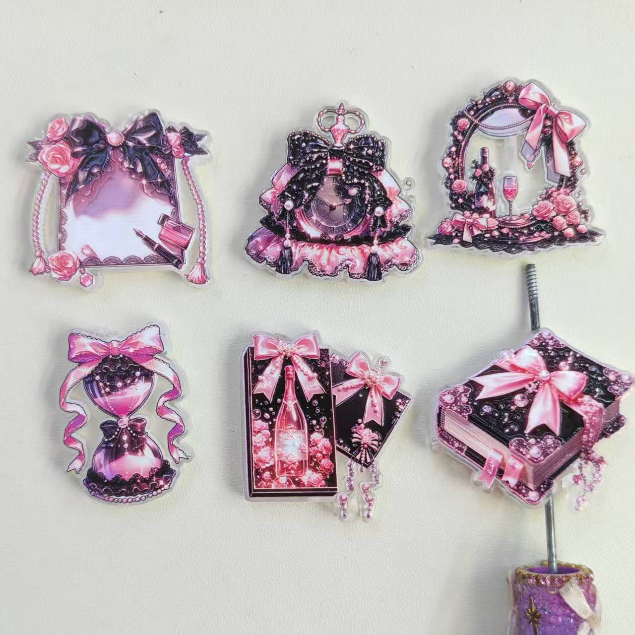 Gothic Lolita Style Acrylic Beads,Pink Black Rose Bow Hourglass Book Themed Pendants,Random Mix
