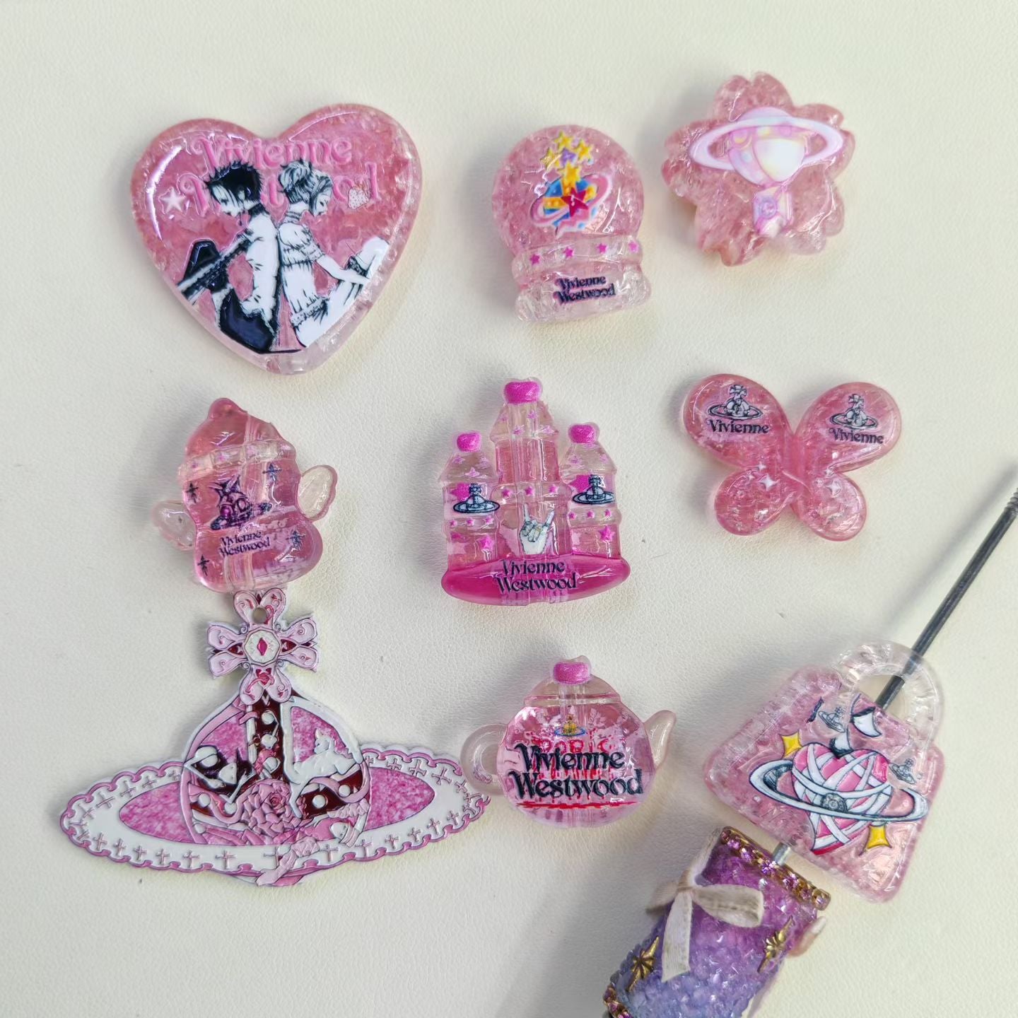 Pink Glitter Filled Acrylic Beads in Various Shapes,Random Mix