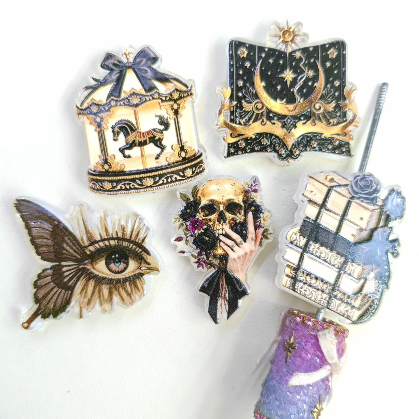 Hot Halloween Black‑Gold Vintage Occult Gothic Acrylic Beads,Carousel Book Eye Skull,Random Mix
