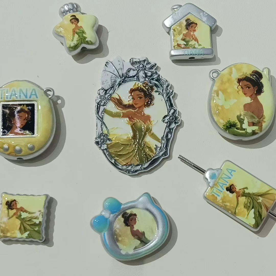 Popular Princess Collection Acrylic Focal Beads,Green‑Gold Style,Random Mix