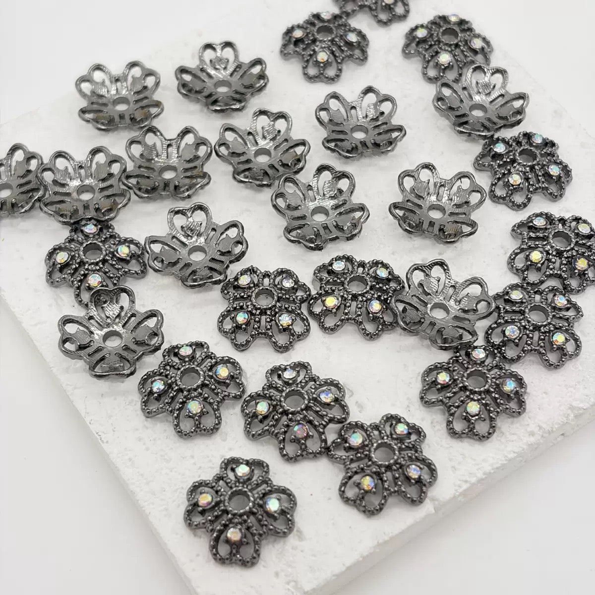 Alloy Bead Cages Heart Shaped Four Leaf Clover with AB Rhinestones, Bead Cap,Multi-Color&Gold&Sliver&Gun-Black
